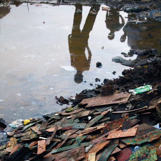 A boy looks out over a pool of polluted water at a pile of discarded circuit boards in the slum town of Mandoli on the outskirts of Delhi. From the series "E-wasteland" © Sophie Gerrard 2006, all rights reserved. A boy looks out over a pool of polluted water at a pile of discarded circuit boards in the slum town of Mandoli on the outskirts of Delhi. From the series "E-wasteland" © Sophie Gerrard 2006, all rights reserved.