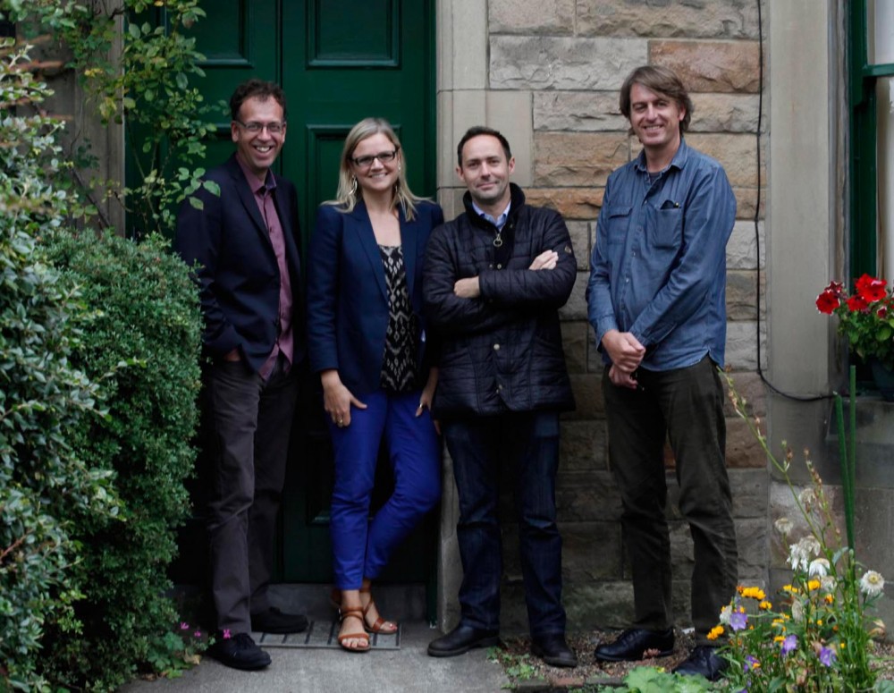 The four founding members of Document Scotland (l-r Colin McPherson, Sophie Gerrard, Jeremy Sutton-Hibbert & Stephen McLaren) outside Colin McPherson's childhood home in Edinburgh, shortly before the Document Scotland Summer Salon event at Stills Gallery,