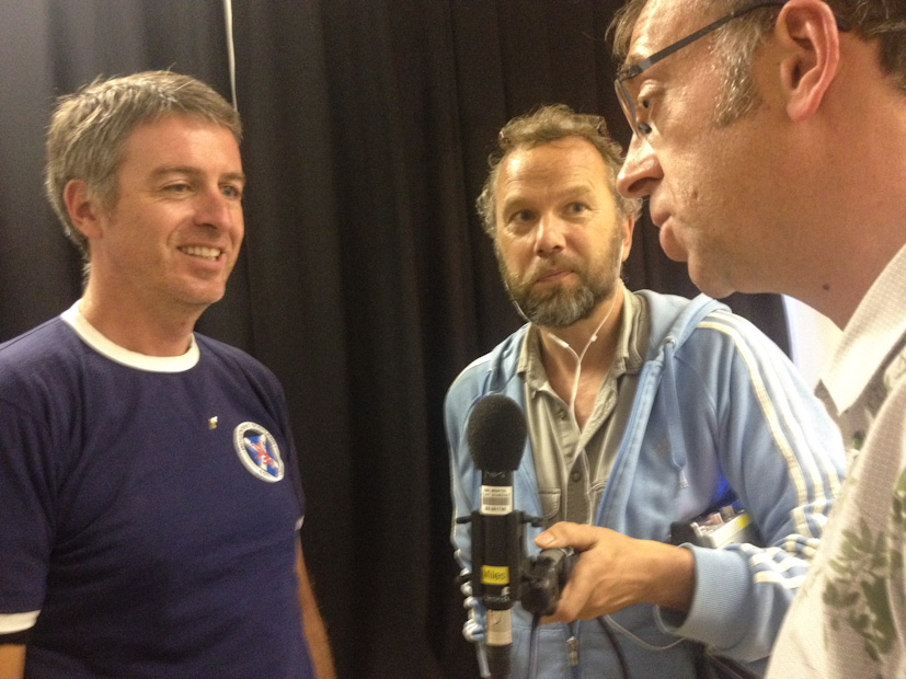 Radio 4's Miles Warde speaks to Stephen McLaren and Colin McPherson, at the Common Ground photography exhibition at Street Level Photoworks, in Glasgow, Scotland 28 August 2014